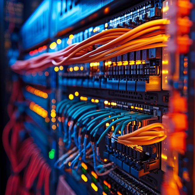 Rechenzentrum: Serverrack mit bunten Kabelbündeln (orange/blau) und leuchtenden LEDs.